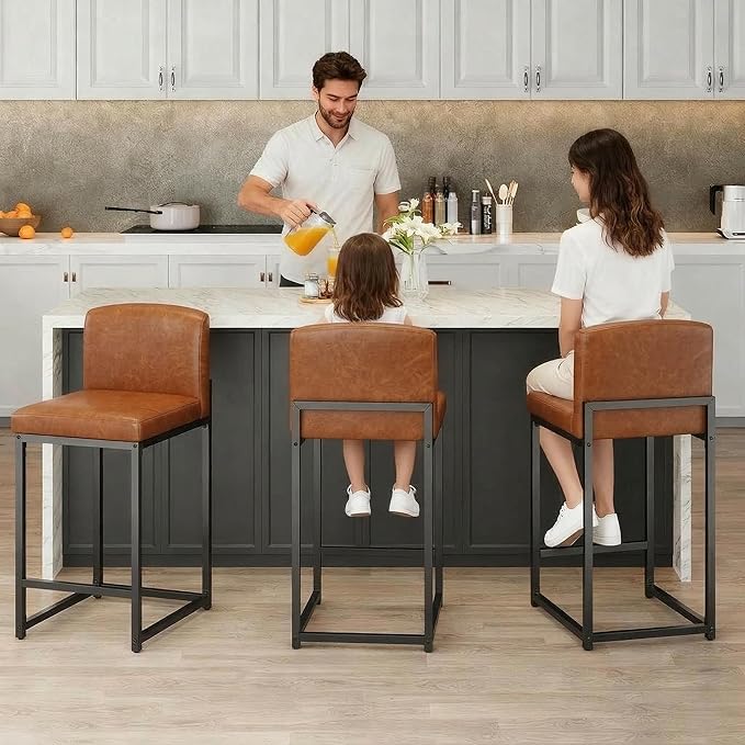 GarveeHome Bar Stools Set of 2, Modern Counter Height Bar Stools with Back and Footrest, Faux Leather Upholstered Barstools Chairs for Kitchen Island Dining Room Bar, Brown
