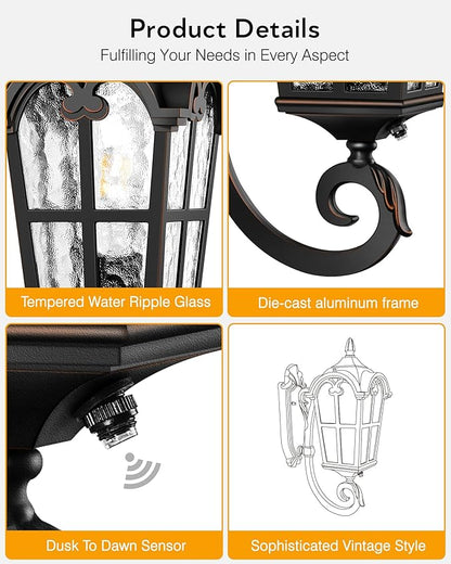 VIANIS Outdoor Lights for Porch, Black Dusk to Dawn Outside Lighting with Gold Trim, Porch Lights Outdoor with Tempered Water Ripple Glass for Garden, Patio, Entryway, Waterproof Anti-Rust