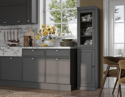 Palace Imports Solid Wood Kitchen Pantry - Narrow Storage Cabinet - 16.5" Wide x 71.5" Tall - 1 Raised Panel & 1 Glass Door, Gray, Adjustable Shelves, 100% Eco-Friendly Wood, Modular Cabinets