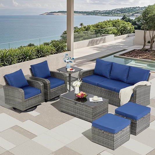 7 Pieces Outdoor Patio Furniture Set with Swivel Chairs, Wicker Patio Furniture for Porch Deck Bistro Lawn Garden Backyard Poolside-Blue