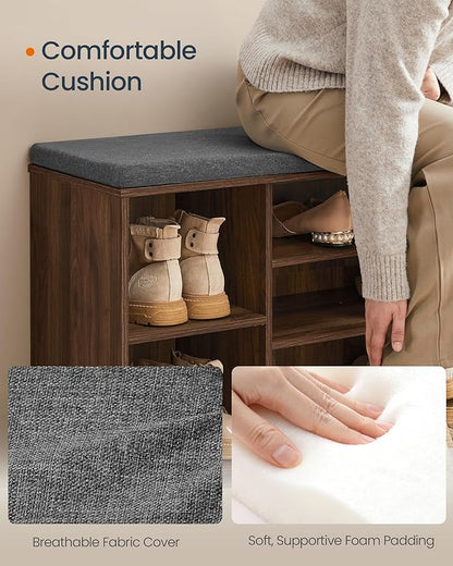 SONGMICS HOME Storage Bench, Superfast Toolless Assembly, 41" Wide Entryway Shoe Bench with Cushion & Adjustable Shelves, Shoe Rack Cabinet, Natural Walnut and Slate Gray ULHS391KE04S