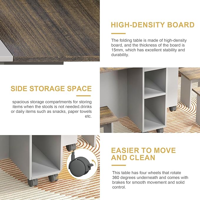 Folding Dining Table with Wheels, Wood Folding End Table with Wheels, Dining Table with Storage Rack and Drawers (Brown+Gray, 55.12)