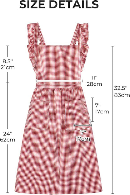 Vintage Gingham Apron for Women, Ruffle Straps, 2 Pockets, Soft Cotton, Apron Dress Style for Cooking & Baking