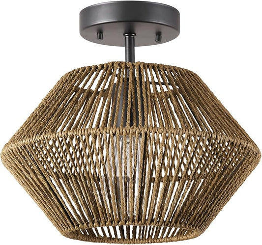 GLOBE Electric 65891 1-Light Flush Mount Ceiling Light, Matte Black, Natural Twine Shade