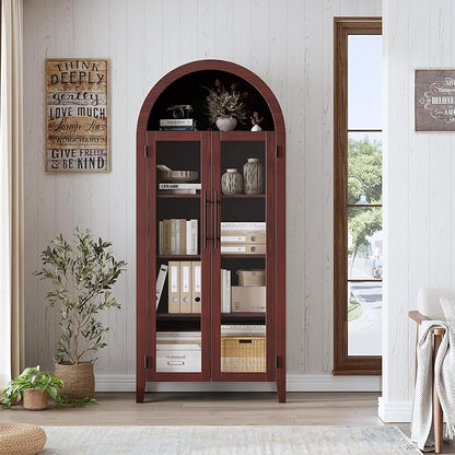 IDEALHOUSE Arched Kitchen Pantry Storage Cabinet - Farmhouse 5-Tier Display Shelf with 2 Large Glass Doors and Adjustable Shelf, Versatile Cupboard for Kitchen, Dining Room, Living Room, Walnut