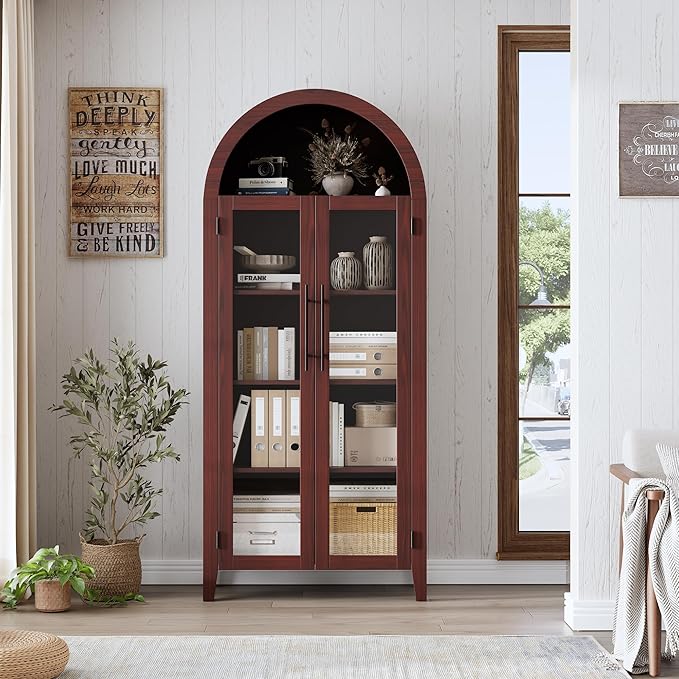 Garvee Arched Kitchen Pantry Storage Cabinet - 5-Tier Open Display Shelf with Glass Doors, Farmhouse Storage Cabinet for Kitchen, Dining Room, Living Room, Walnut