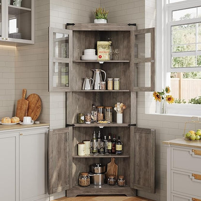 GarveeHome 67 in Tall Corner Storage Cabinet with Lights, Farmhouse Corner Hutch Display Cabinet with Glass Doors, Wooden Storage Organizer for Kitchen, Living Room, Bathroom, Washed Grey
