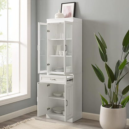 Crosley Furniture Stanton Glass Door Pantry Storage Cabinet with Shelves, Kitchen, Dining, or Laundry Room, White