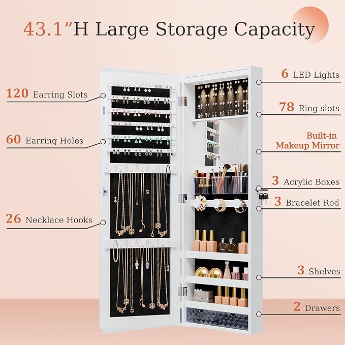 Unisakey Mirror Jewelry Cabinet,Lockable Wall or Door Mounted Jewelry Armoire Organizer With Built-up Mirror,LED Lights, Drawers,Cosmetic Trays,Shelves, 14.4"x3.15"x 43.1"（White）
