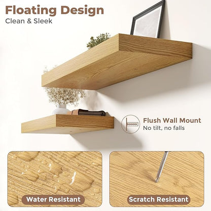 Marsmiles 12" Deep Floating Shelves for Wall with Invisible Brackets, Wall Mounted Engineered Wood Shelves with Wood Grain for Living Room, Bedroom, Kitchen Decor and Storage, 24" L Set of 2, Oak