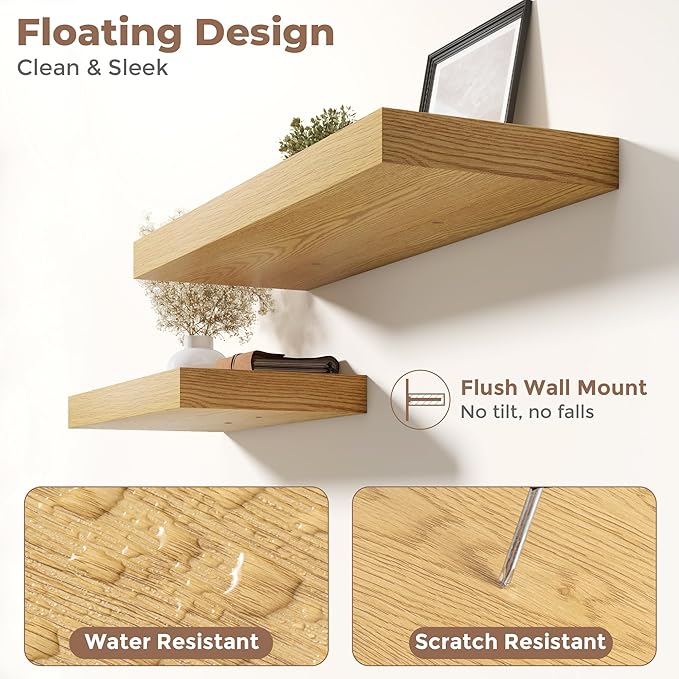 Marsmiles 12" Deep Floating Shelves for Wall with Invisible Brackets, Wall Mounted Engineered Wood Shelves with Wood Grain for Living Room, Bedroom, Kitchen Decor and Storage, 36" L Set of 1, Oak