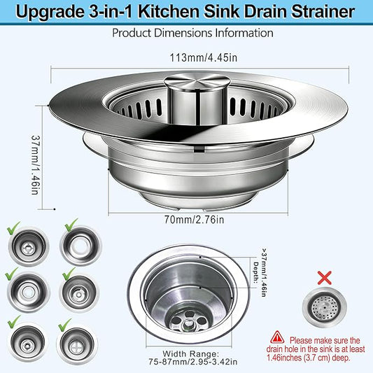 Kitchen Sink Drain Strainer for 3-1/2 Inch Drain Hole, 3-in-1 304 Stainless Steel Pop-Up Sink Strainer and Stopper with Anti-Clog Filter Basket & Food Catcher (Silver, 1 Pack)