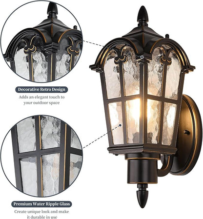 Sucolite Outdoor Wall Light Fixtures, Black & Gold Exterior Waterproof Porch Lights, Vintage Outside Wall Sconces with Water Ripple Glass for House Front Door Garage, 2 Pack