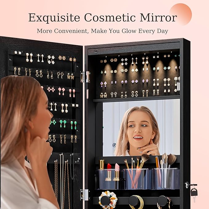 Unisakey Mirror Jewelry Cabinet,Lockable Wall or Door Mounted Jewelry Armoire Organizer With Built-up Mirror,LED Lights, Drawers,Cosmetic Trays,Shelves, 14.4"x3.15"x 43.1"（Black）