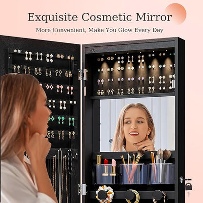 Unisakey Mirror Jewelry Cabinet,Lockable Wall or Door Mounted Jewelry Armoire Organizer With Built-up Mirror,LED Lights, Drawers,Cosmetic Trays,Shelves, 14.4"x3.15"x 43.1"（Black）