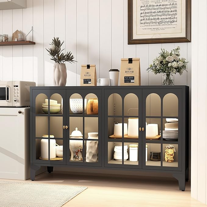 Foreate Sideboard Buffet Cabinet with Glass Door & LED Light, 53.2" Large Buffet Cabinet with Storage & Adjustable Shelf, Farmhouse Sideboard Credenzas Metal Kitchen Buffet, Black