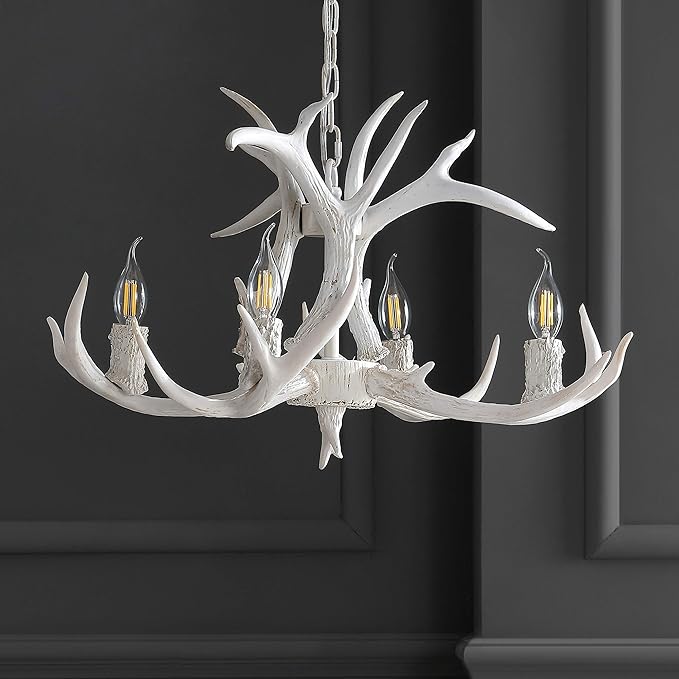 JONATHAN Y 26" White Rustic Resin Antler 4-Light LED Chandelier, Farmhouse Faux Deer Horn Hanging Ceiling Light for Dining Room, Kitchen Island, Adjustable Light Fixture (JYL6301B)