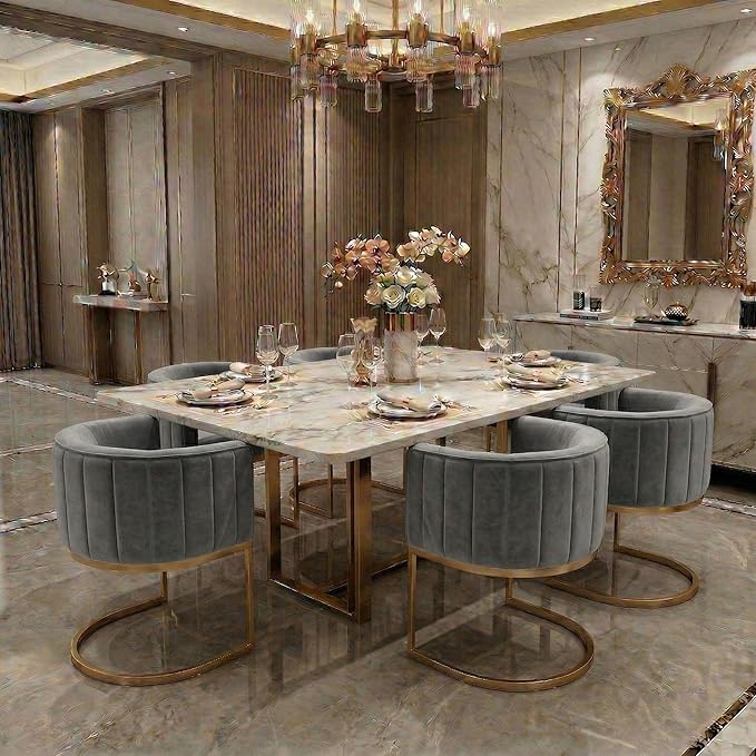 Hyfirm Gray and Gold Modern Barrel Dining Room Chairs Set of 6, Velvet Upholstered Accent Chairs with Curved Back for Kitchen Island, Luxury Comfort Seating Cantilever Metal Frame