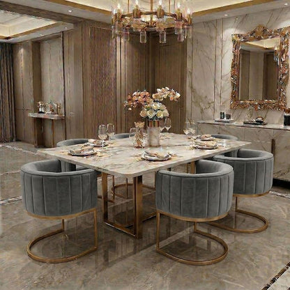 Hyfirm Gray and Gold Modern Barrel Dining Room Chairs Set of 6, Velvet Upholstered Accent Chairs with Curved Back for Kitchen Island, Luxury Comfort Seating Cantilever Metal Frame