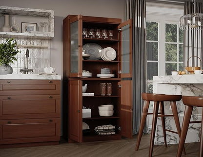 Palace Imports Solid Wood Kitchen Pantry w/Frosted Glass & Wooden Doors and Adjustable Shelves, Mocha, 32" w x 71.5" h, 100% Renewable Eco-Friendly Wood, Made in Brazil