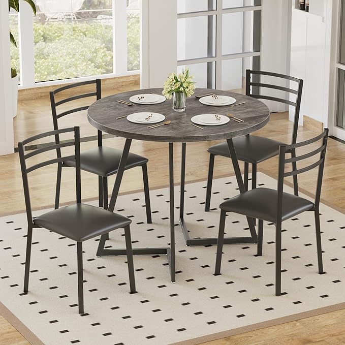 VECELO Round Dining Table Set for 4, Wood Tabletop & Heavy-Duty Steel Frame, 7-Piece Dinette with Chairs for Kitchen, Breakfast Nook, Dark Grey & Black