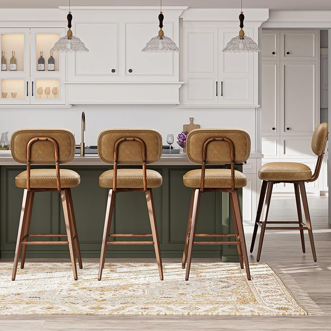 MALOL 26“ PU Leather Swivel Bar Stools Set of 2, Mid Century Counter Height Bar Chairs with Low Back and Metal Legs, Modern Bar Stool Chair for Kitchen Island, Brown