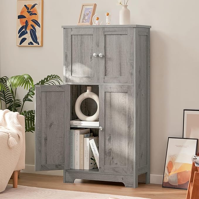 TEENFON Bathroom Floor Storage Cabinet, Freestanding Bathroom Storage Unit with 2 Adjustable Shelves & 4 Doors, 11.8 x 23.6 x 42.7 Inches, Grey