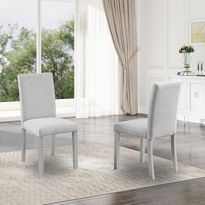Ball & Cast Upholstered Dining-Room Chairs Set of 4, Kitchen Island Chair with Linen Padded Seat & Silver Wood Legs, 4pcs Modern Armless Side-Chair for Dining, Gray