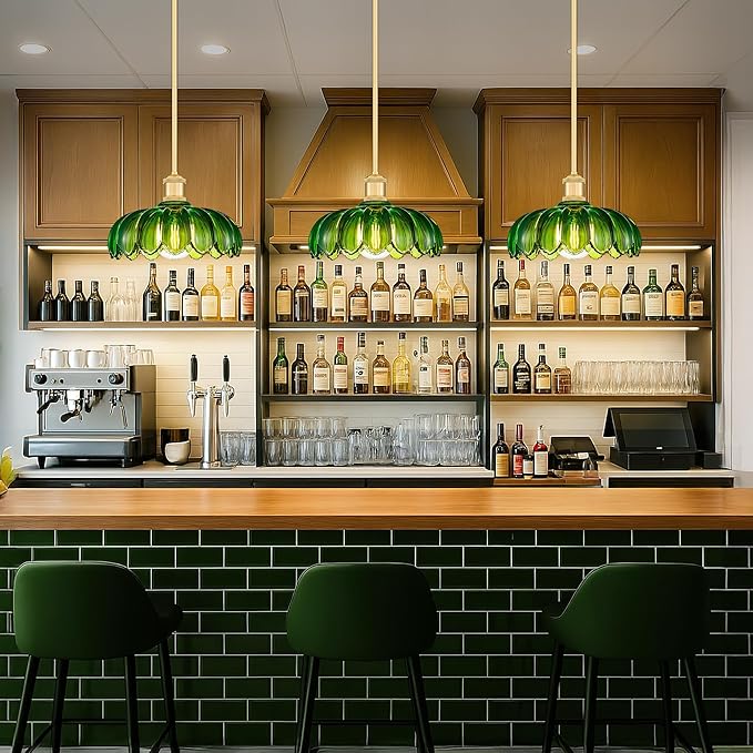 FEMILA 2 Pack Vintage Light Fixtures, Flower Green Glass Pendant Lights Kitchen Island, Brushed Gold Antique Chandelier, Hanging Light Fixture for Bedroom Hotel Living Room, 4FJX82MIL-2PK BG-G