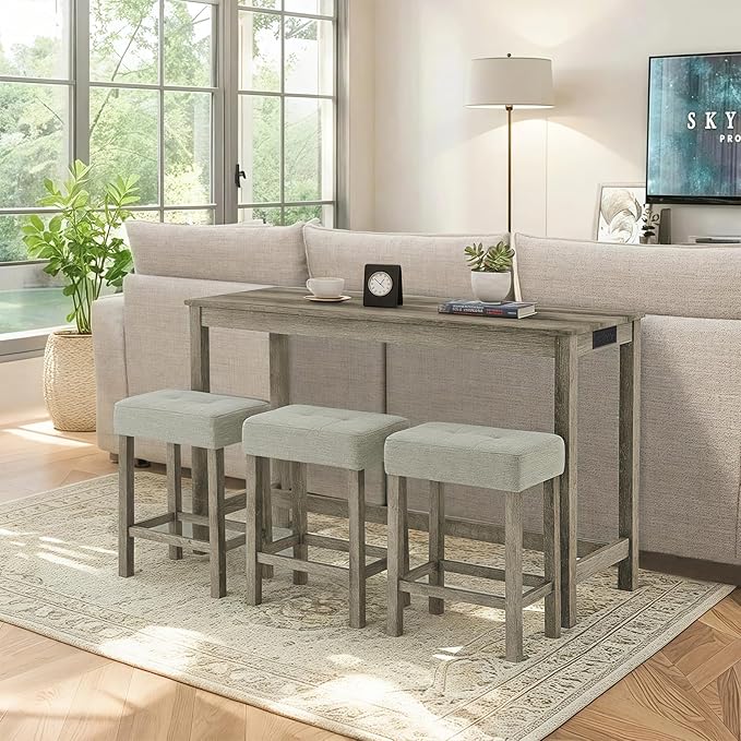 LKTART Kitchen Bar Table and Chairs Set, 4 Piece Bar Height Dining Table Set with Power Outlet and 3 Upholstered Stools Industrial Breakfast Nook, Small Space Living Room, Brown