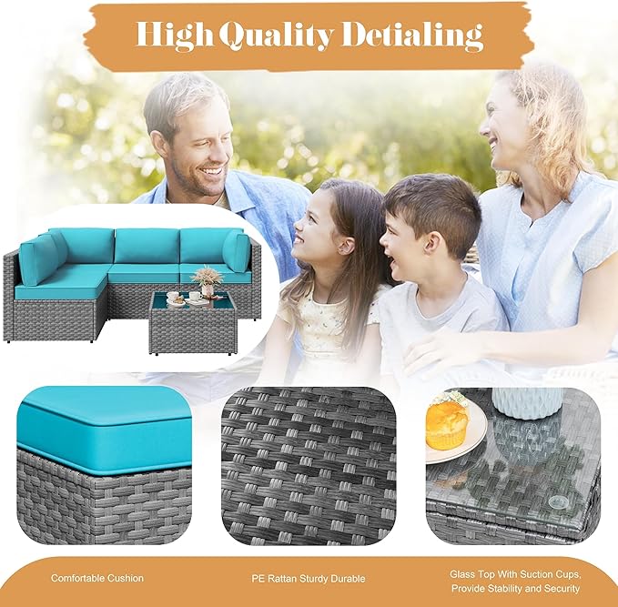 JAMFLY 5-Piece All-Season Wicker Patio Sofa Set with Thick Cushions & Coffee Table, Modular Indoor Outdoor Furniture for Poolside, Garden, Sunroom & Porch, Blue