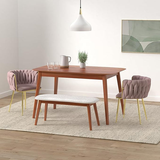 Nrizc Woven Dining Chairs Set of 4, Velvet Upholstered Dining Chairs with Gold Metal Legs, Modern Accent Chairs for Living Room, Dining Room, Kitchen (Pink)