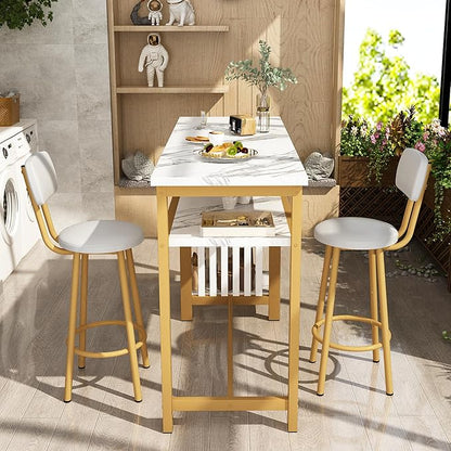 Lamerge Furniture Kitchen Bar Height Table and Chairs for 2, 5-Tier Compact Dining Room Table, White Faux Marble Top and 2 PU Leather Upholstered Seat, Modern Diningroom Set for Home/Studio/Office
