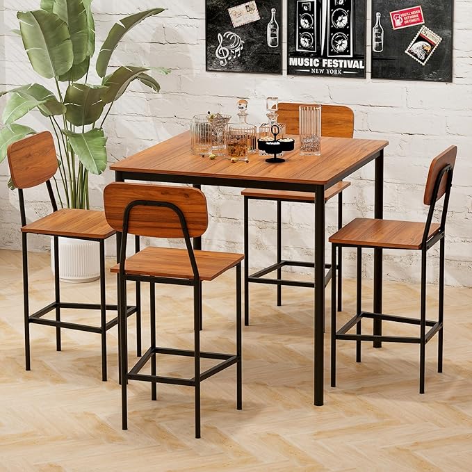 KOTEK 5-Piece Counter Height Dining Table Set, Industrial Kitchen Table and Chairs for 4, Space-Saving Dinette Set with Bar Stools for Dining Room, Pub, Restaurant (Walnut)