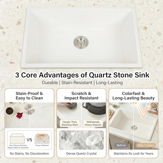 MILOSEN White Undermount Kitchen Sink, 28×18 inch White Granite Composite Kitchen Sinks, 9'' Depth Deep and Large Quartz Sink with Accessories, Pure White Single Bowl Large Capacity Basin for Kitchen