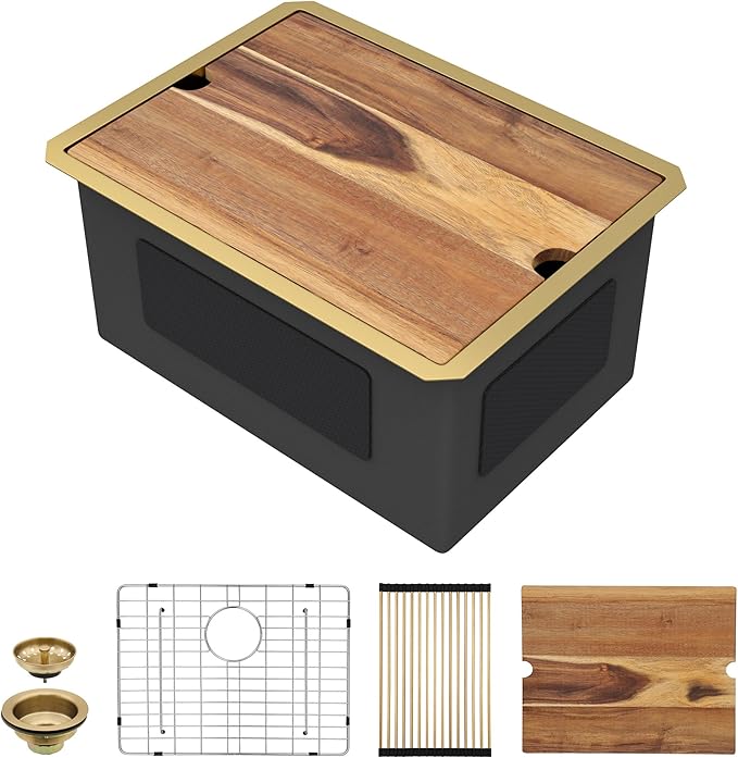 24"x18" Undermount Laundry Utility Sink Workstation – Brushed Gold NANO-PVD, 16 Gauge 304 Stainless Steel, 12 Inch Deep Single Bowl Basin for Laundry Room, RV or Utility Use