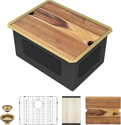 24"x18" Undermount Laundry Utility Sink Workstation – Brushed Gold NANO-PVD, 16 Gauge 304 Stainless Steel, 12 Inch Deep Single Bowl Basin for Laundry Room, RV or Utility Use