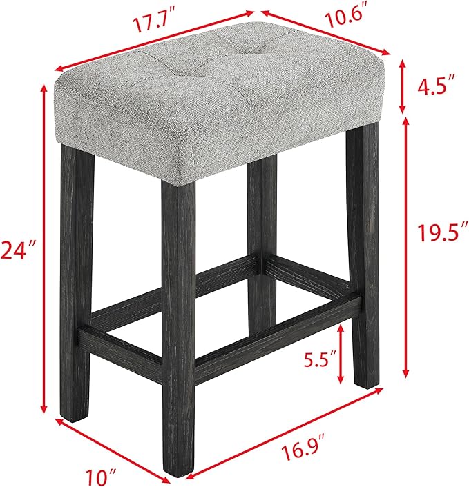 4-Piece Farmhouse Kitchen Table Stool Set with Power Outlets, Industrial Dining Tables with 3 Upholstered Stools, Wooden Counter Table Chairs w/Charging Station&2 USB Ports, Black+Grey