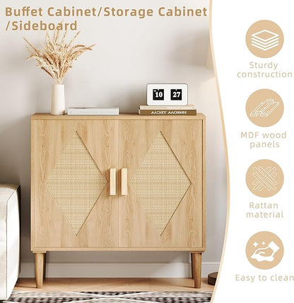 GarveeHome Two-Piece Dining Sideboard with Storage, Rattan Decorative Double Door Storage Cabinets, Sideboards and Decorative Cabins for Living Room, Dining Room, Foyer, Kitchen