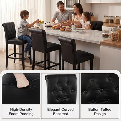 LSSBOUGHT 24 Inches Leather Counter Height Stools Set of 2 with Solid Wood Legs Bar Chairs for Kitchen lsland & Dining Room(Black,2PCS)