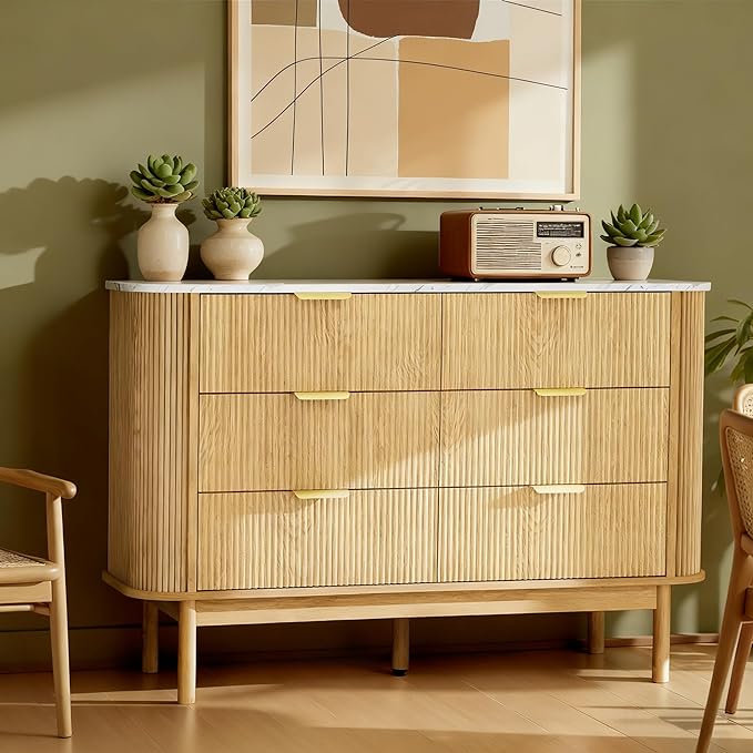 Pamapic Fluted Sideboard Buffet Cabinet, 47" Storage Cabinet with Curved Profile Design & Faux Marble Top, Modern Credenza with 6 Drawers, Wood Buffet Console Table for Living Room, Hallway, Natural