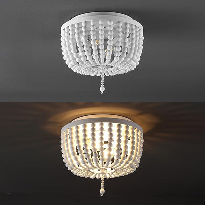 JONATHAN Y 10" White Allison 2-Light LED Flush Mount Ceiling Light for Bedroom, Wood Beaded Shade Shabby Chic Farmhouse Rustic Decor, LED Bulbs Included (JYL9074D)