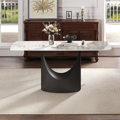Large Sintered Stone Dining Table 63 Inch, Minimalist Rectangle Kitchen Table with Durable 12mm Top, Anti-Scratch Metal Base, Multifunctional Conference Desk for Dining Room