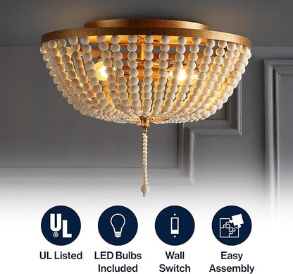 JONATHAN Y 15" Antique Gold/Cream Allison 3-Light LED Flush Mount Ceiling Light for Bedroom, Wood Beaded Shade Shabby Chic Farmhouse Rustic Decor, LED Bulbs Included (JYL9019A)