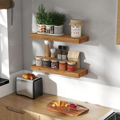 Fun Memories Wood Floating Shelves 24 Inch Long, Rustic Elm Wood Wall Shelves for Farmhouse, Living Room, Kitchen, Wall Mounted Bathroom Shelf Floating Shelf with Invisible Bracket Set of 2, Natural