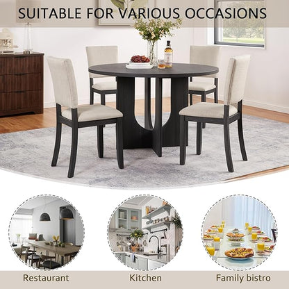 5-Piece Round Dining Table Set for 4, 47.3" Round Dining Room Table with 4 Upholstered Chairs, Modern Kitchen Table and Chairs Set of 4 for Kitchen and Dining Room, Antique Black & Beige