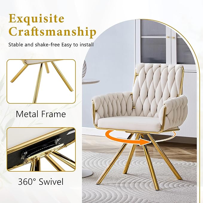 Upholstered Dining Chairs Set of 2, Hand-Woven Back Kitchen Chair, Large Gold Dining Chairs,Velvet Upholstery with Metal Legs, Modern Velvet Chair for Dining Room、Kitchen、Restaurant
