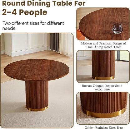 AF ARTISAN FURNITURE Modern Farmhouse Dining Table Set, 35.04" Round Table with 4 Leather Chairs, Wood & Gold Stainless Steel Base, Brown