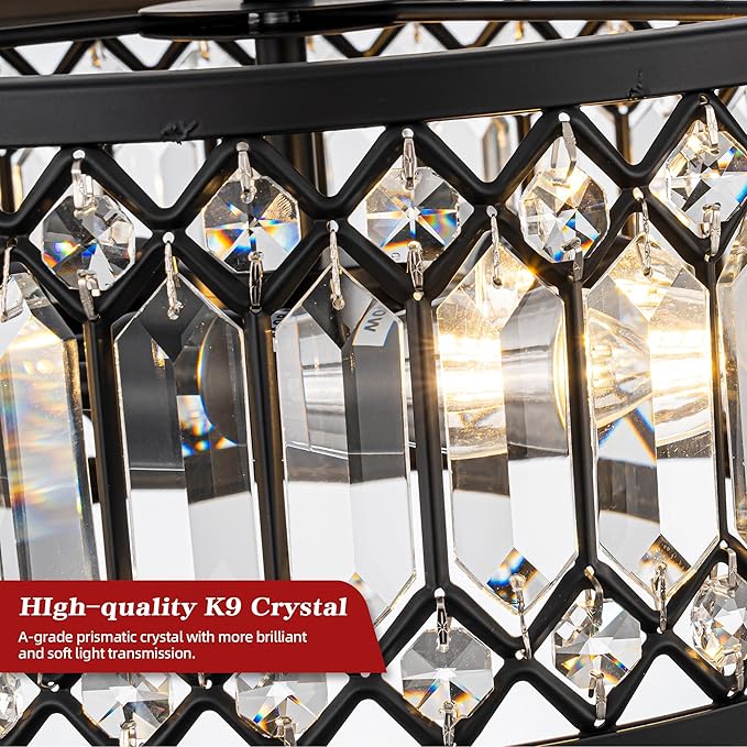 3-Light Crystal Ceiling Light, Black Semi Flush Mount Ceiling Lighting Fixture with Drum Shade, Dia 12" Lighting Fixtures for Hallway, Kitchen, Entryway, Bedroom, Laundry Room