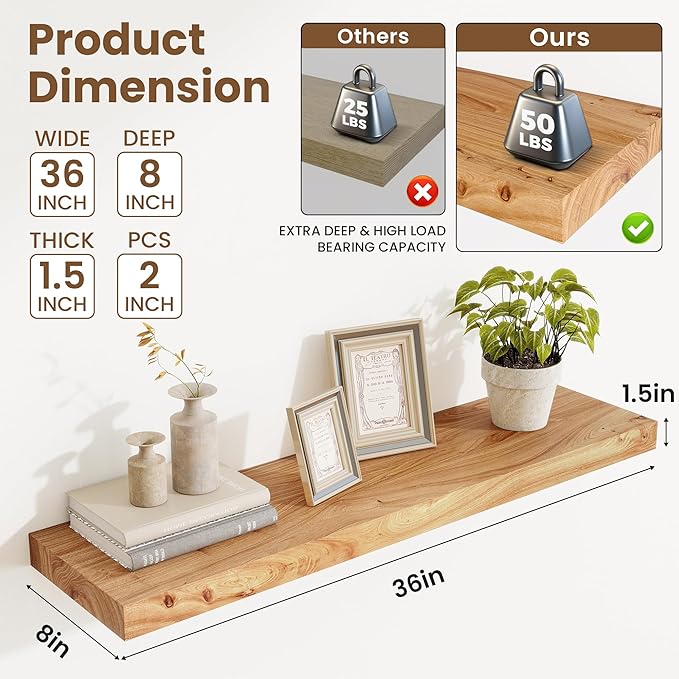 Acovy Extra Deep 36" Long Rustic Solid Wood Floating Shelves for Wall, Wall Shelves with Invisible Bracket for Living Room Bathroom Bedroom Kitchen, Set of 2, Walnut